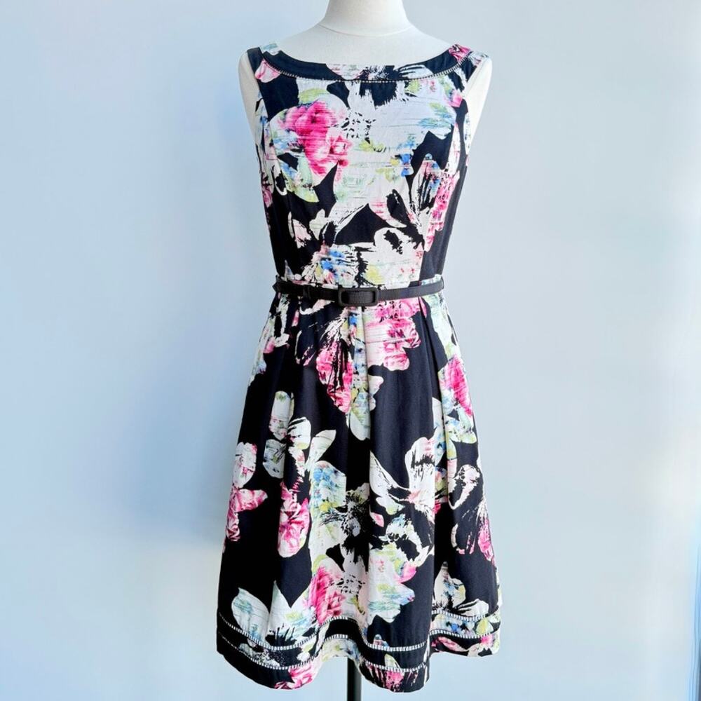 WHBM Black Floral Fit & Flare Dress 8 with Pockets Romantic Garden Party